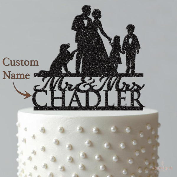 Personalised Wedding Couple with Two Children and Dog Cake Topper – Surname - view 4
