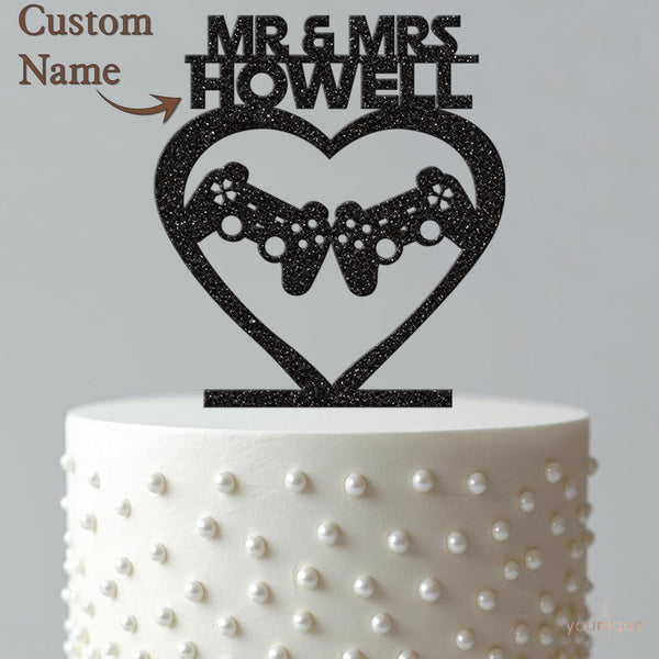 Personalised Gaming Heart Wedding Cake Topper – Surname - view 4
