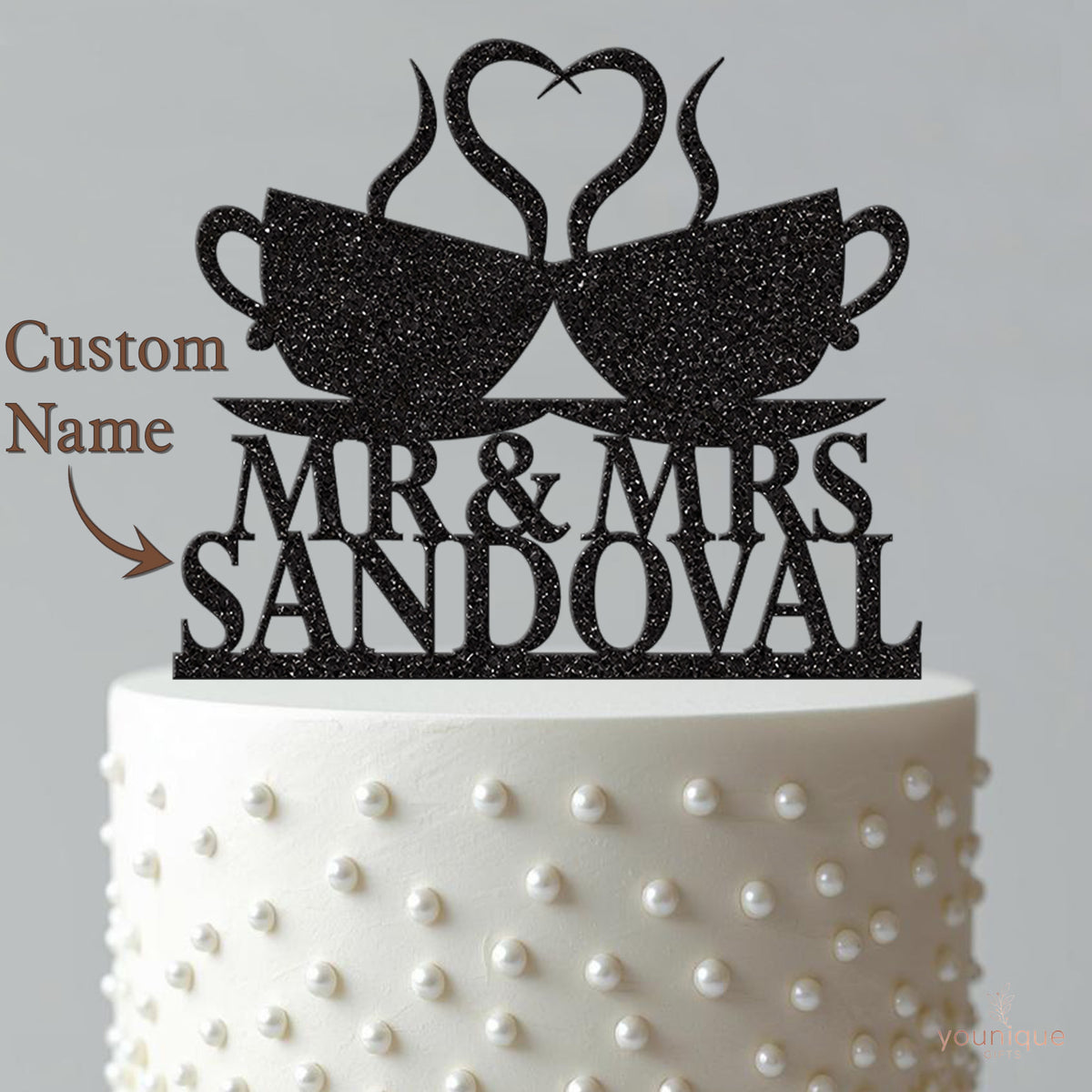 Personalised Coffee Cups Heart Wedding Cake Topper – Surname - view 4