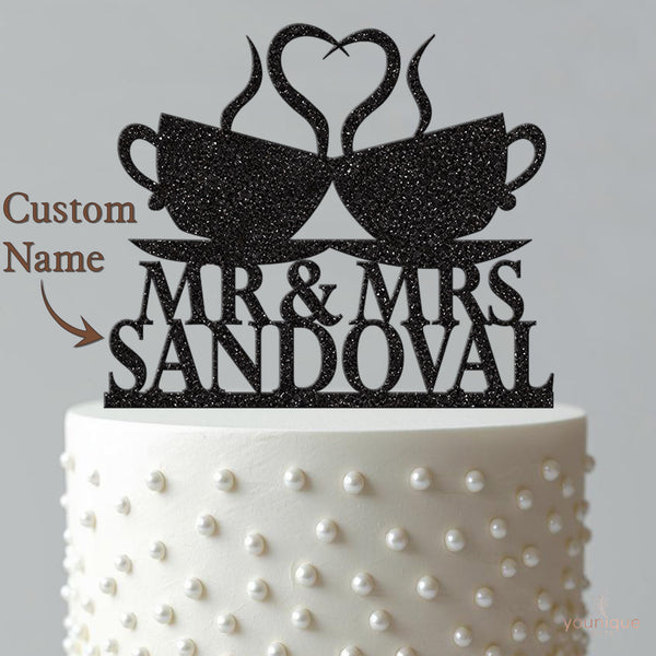 Personalised Coffee Cups Heart Wedding Cake Topper – Surname - view 4