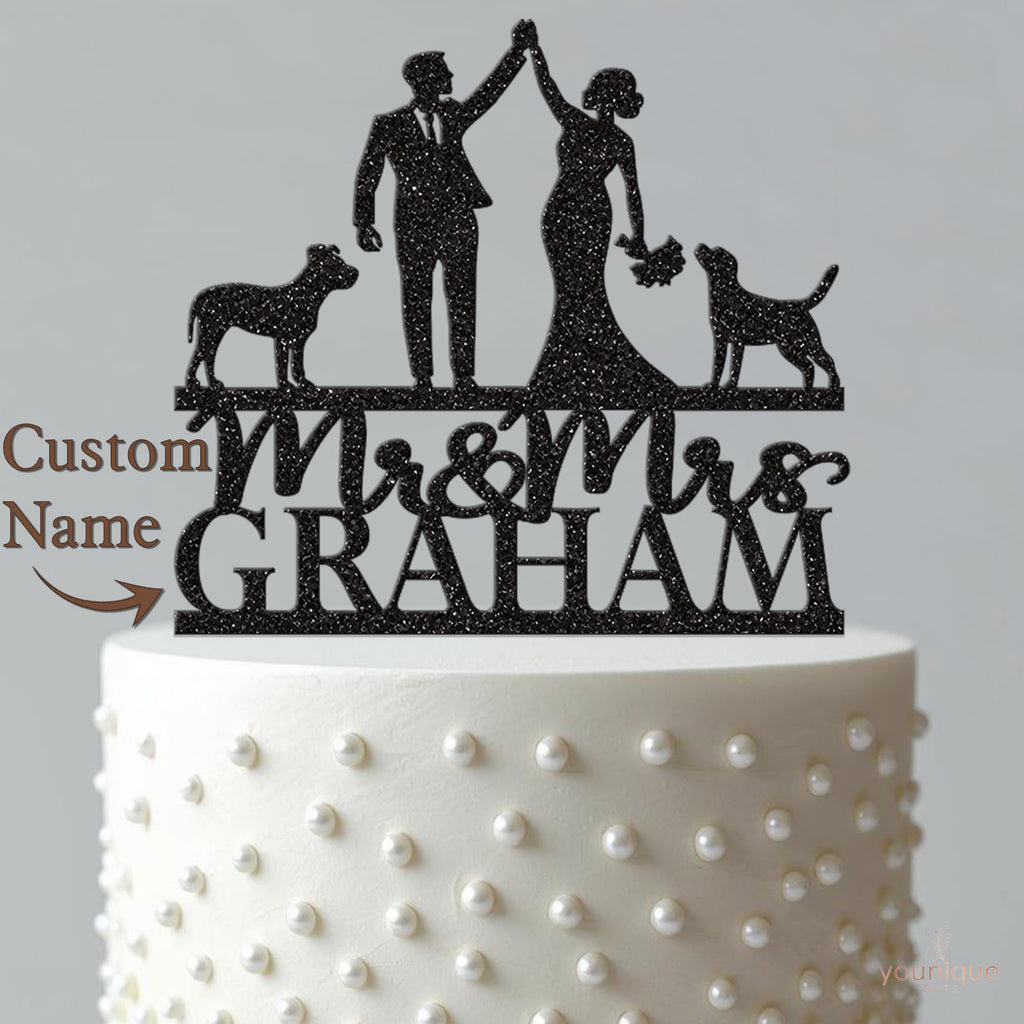 Personalised High-Five Couple & Dogs Wedding Cake Topper – Surname - view 4