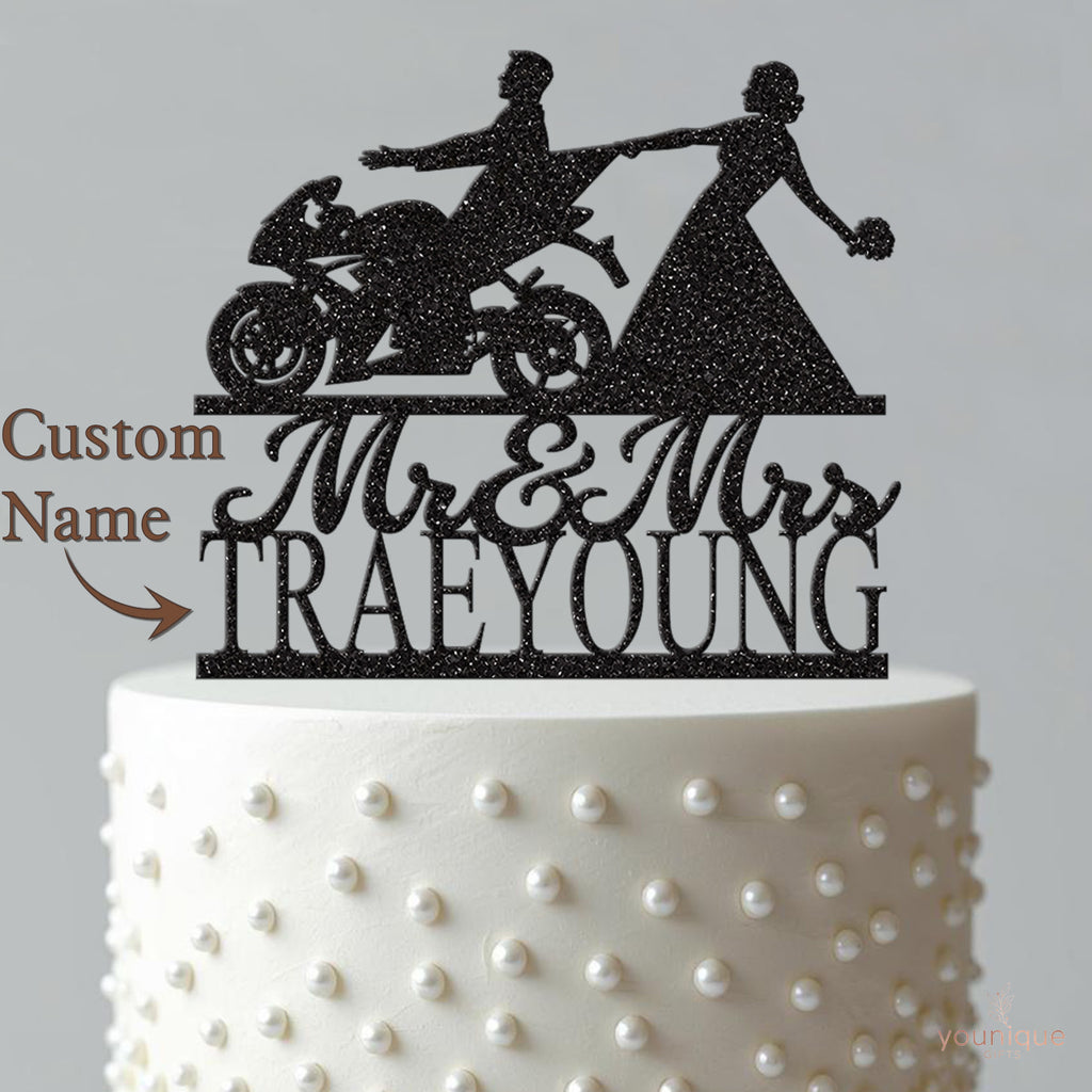 Personalised Bride Pulling Biker Wedding Cake Topper – Surname - view 4