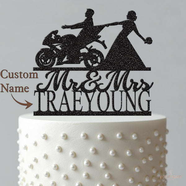 Personalised Bride Pulling Biker Wedding Cake Topper – Surname - view 4