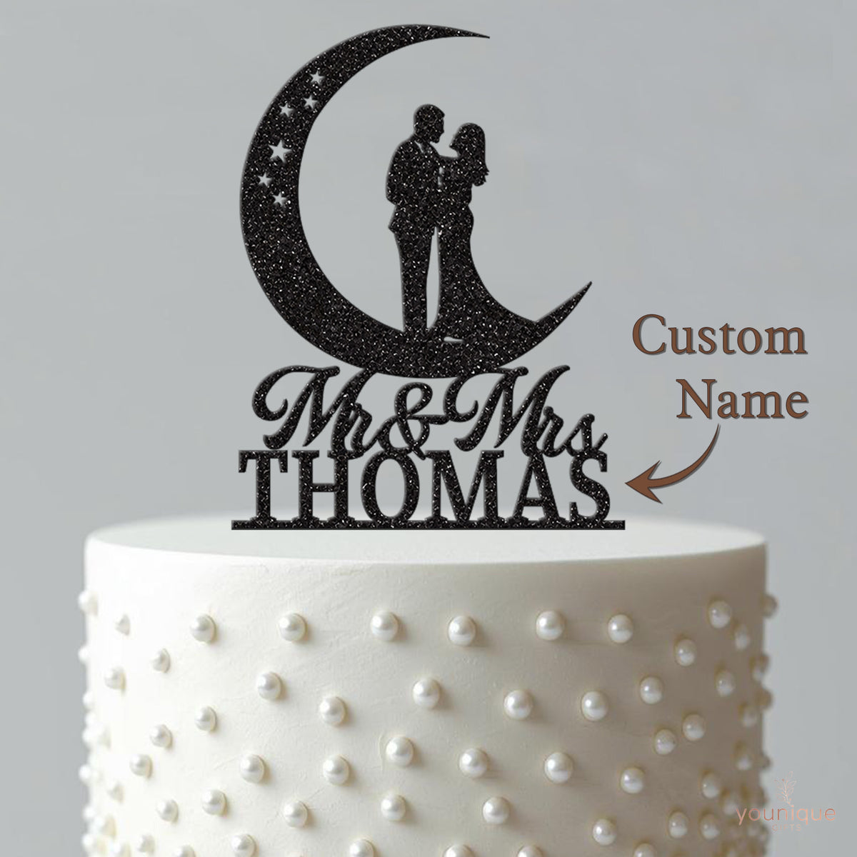 Personalised Moon & Stars Wedding Couple Cake Topper – Surname - view 4