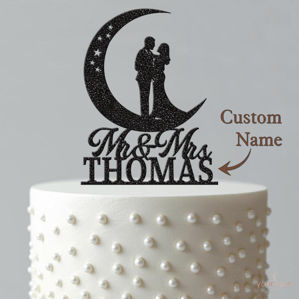 Personalised Moon & Stars Wedding Couple Cake Topper – Surname - view 4