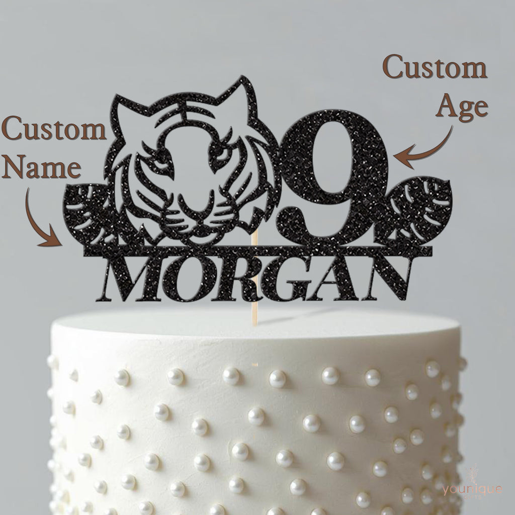 Personalised Tiger Face & Tropical Leaves Cake Topper – Name & Age - view 4