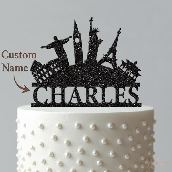 Personalised World Landmarks Travel Cake Topper – Name - view 4