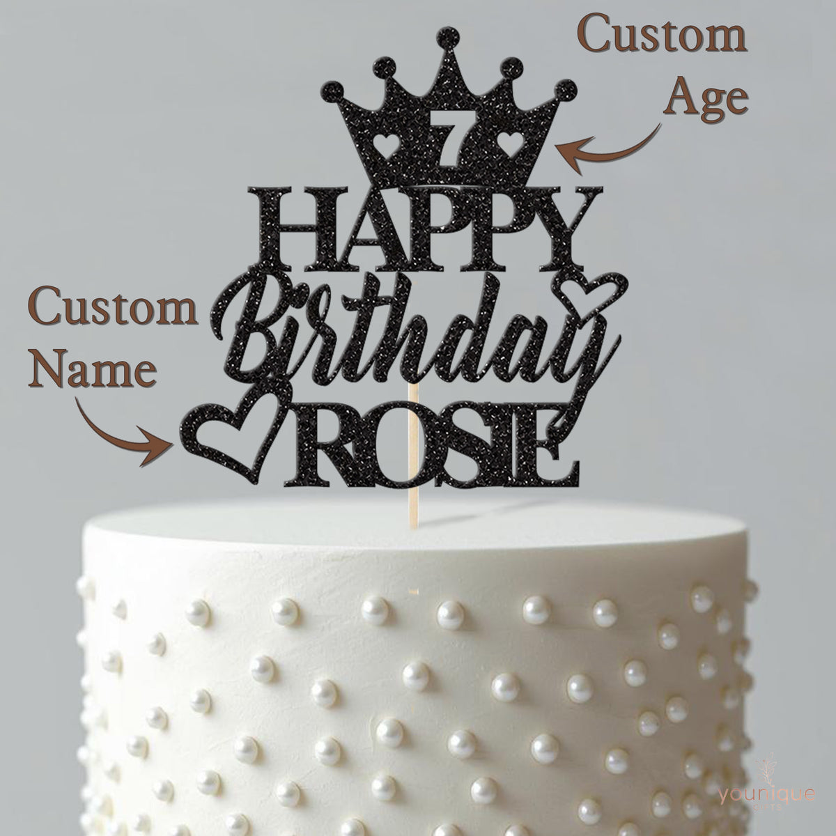 Personalised Crown & Birthday Hearts Cake Topper – Name & Age - view 4
