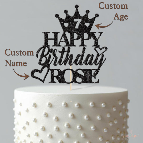 Personalised Crown & Birthday Hearts Cake Topper – Name & Age - view 4