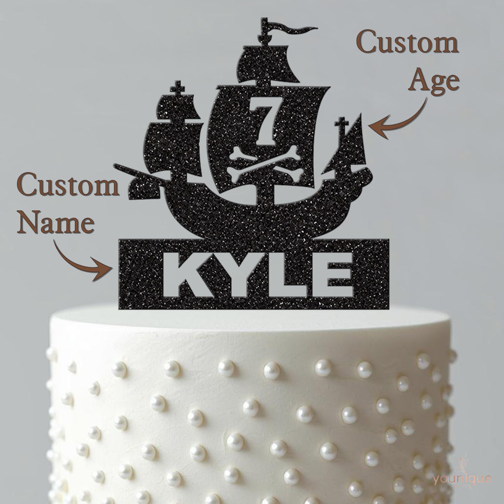 Personalised Pirate Ship & Crossbones Cake Topper – Name & Age - view 4