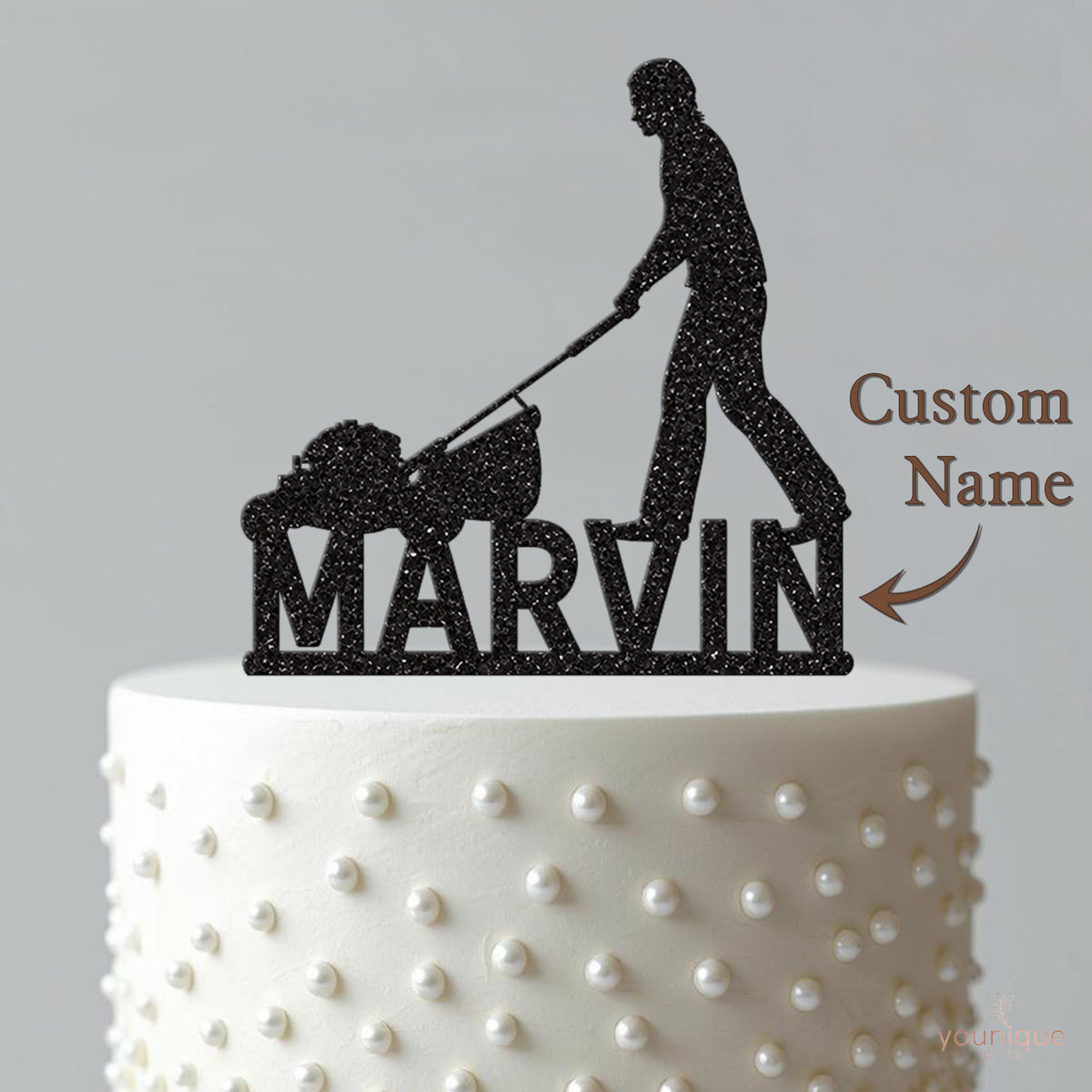 Personalised Gardener with Lawnmower Cake Topper – Name - view 4