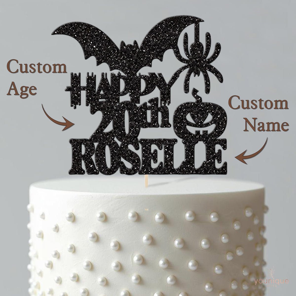 Personalised Halloween Bat and Pumpkin Cake Topper – Name & Age - view 4