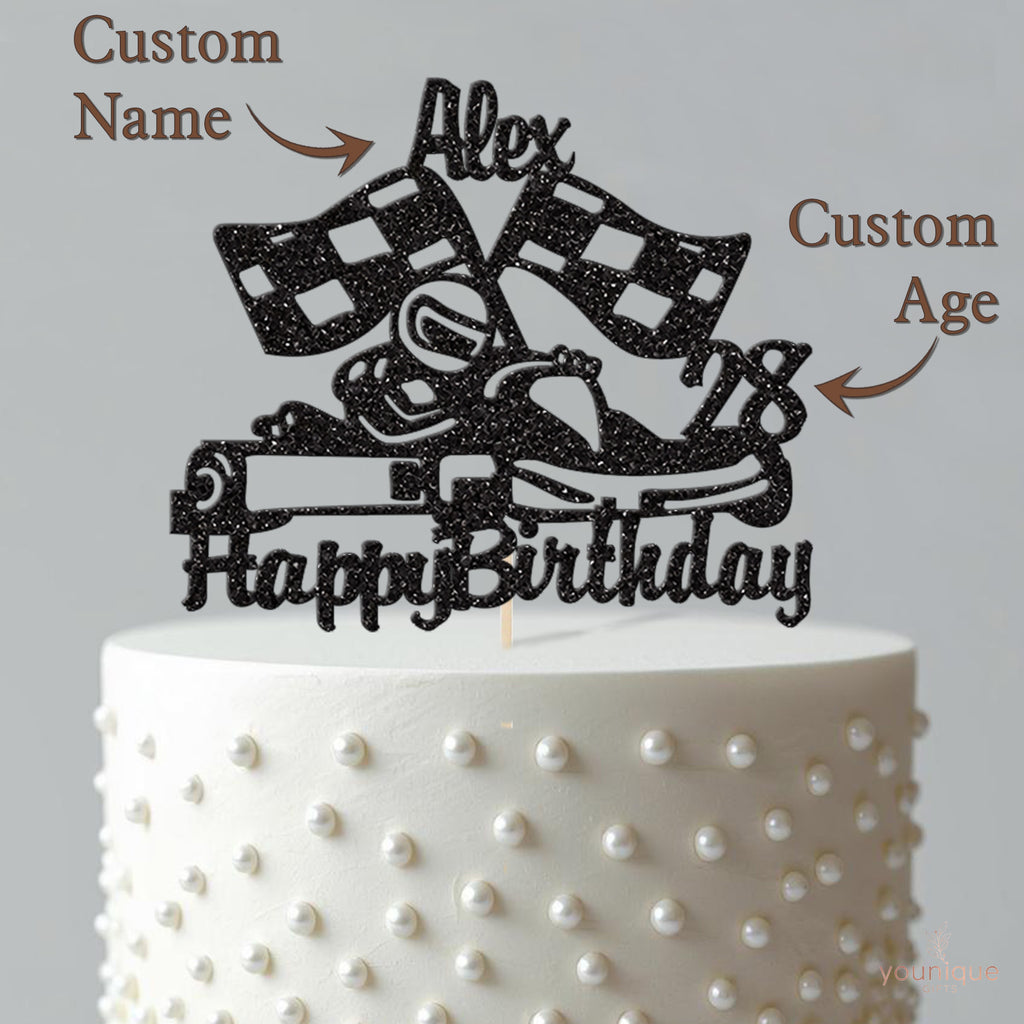 Personalised Go Kart and Chequered Flags Cake Topper – Name & Age - view 4