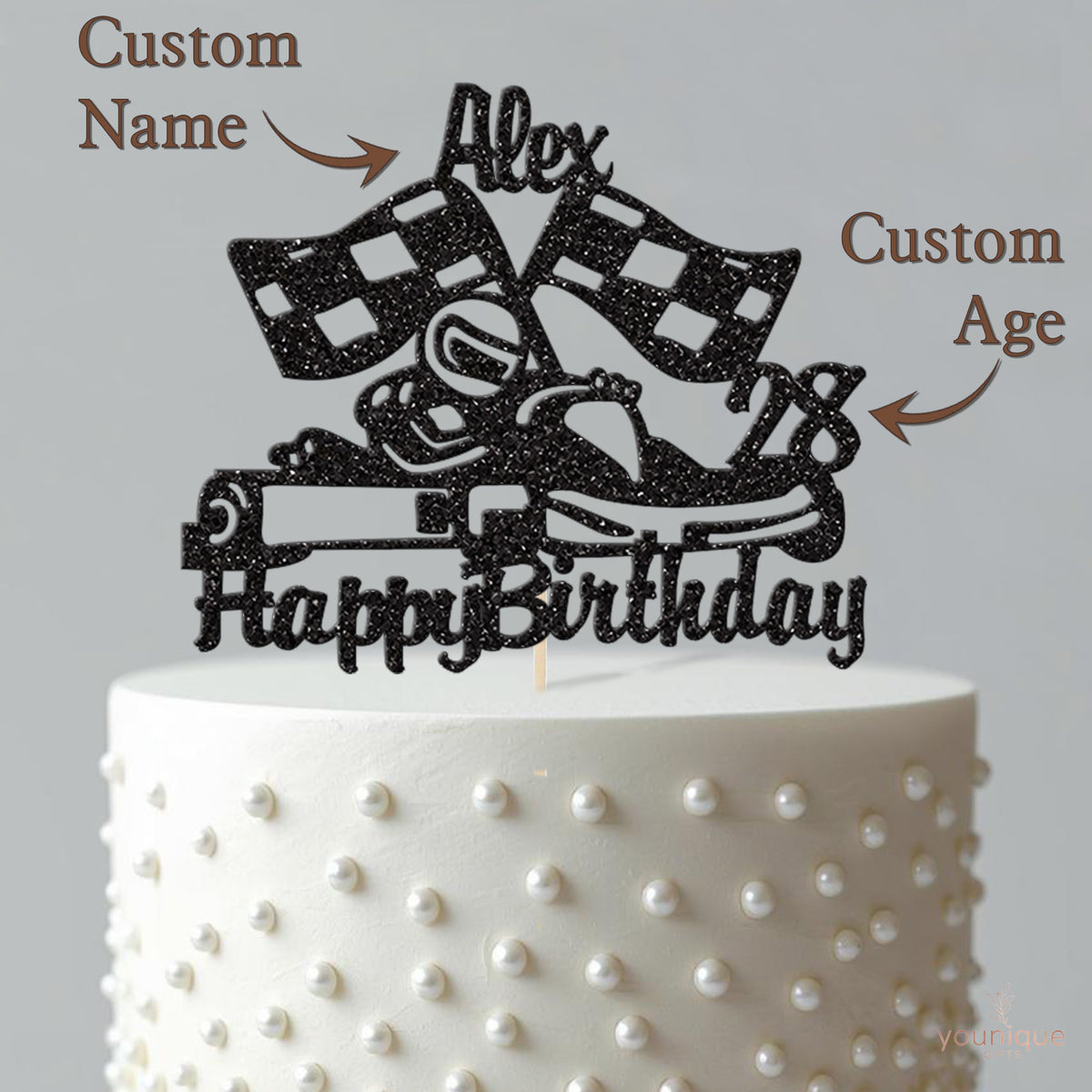 Personalised Go Kart and Chequered Flags Cake Topper – Name & Age - view 4