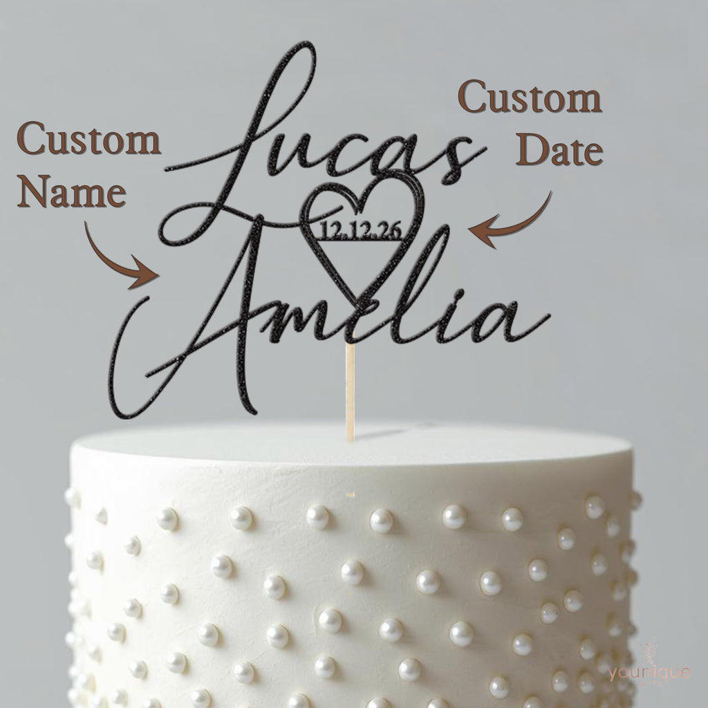 Personalised Script Names & Heart Wedding Cake Topper – Names & Date - view 4