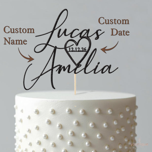 Personalised Script Names & Heart Wedding Cake Topper – Names & Date - view 4