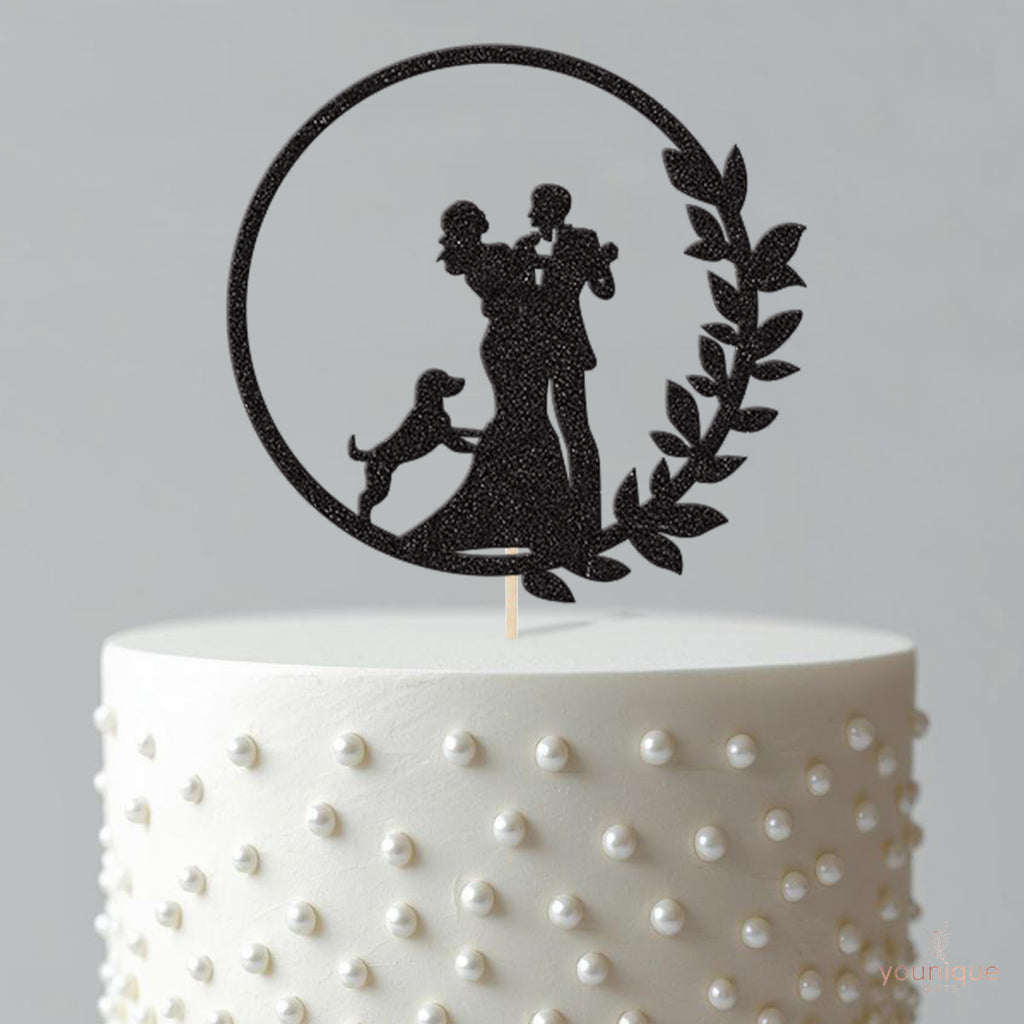 Wedding Couple & Dog Leaf Circle Cake Topper - view 4
