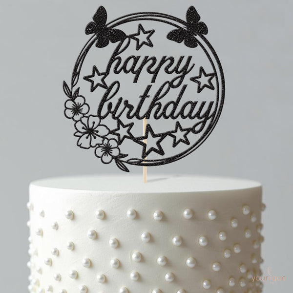 Happy Birthday Floral Butterfly Circle Cake Topper - view 4