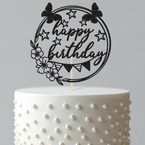 Happy Birthday Floral Butterfly Bunting Cake Topper - view 4