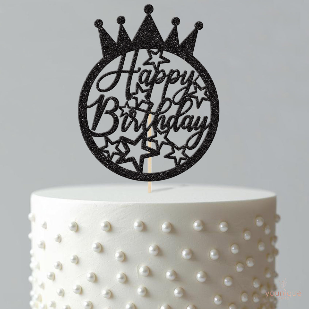 Happy Birthday Crown and Stars Circle Cake Topper - view 4