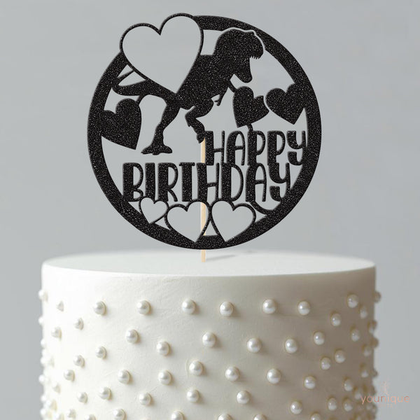 Happy Birthday Dinosaur and Hearts Circle Cake Topper - view 4