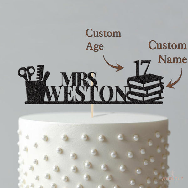 Personalised Teacher Books Birthday Cake Topper – Surname & Age - view 4