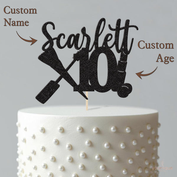 Personalised Makeup Brush & Lipstick Cake Topper – Name & Age - view 4