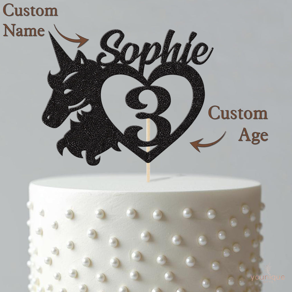 Personalised Unicorn Head & Heart Cake Topper – Name & Age - view 4