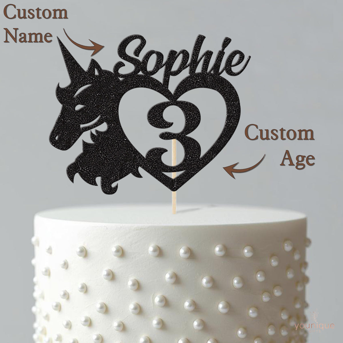 Personalised Unicorn Head & Heart Cake Topper – Name & Age - view 4