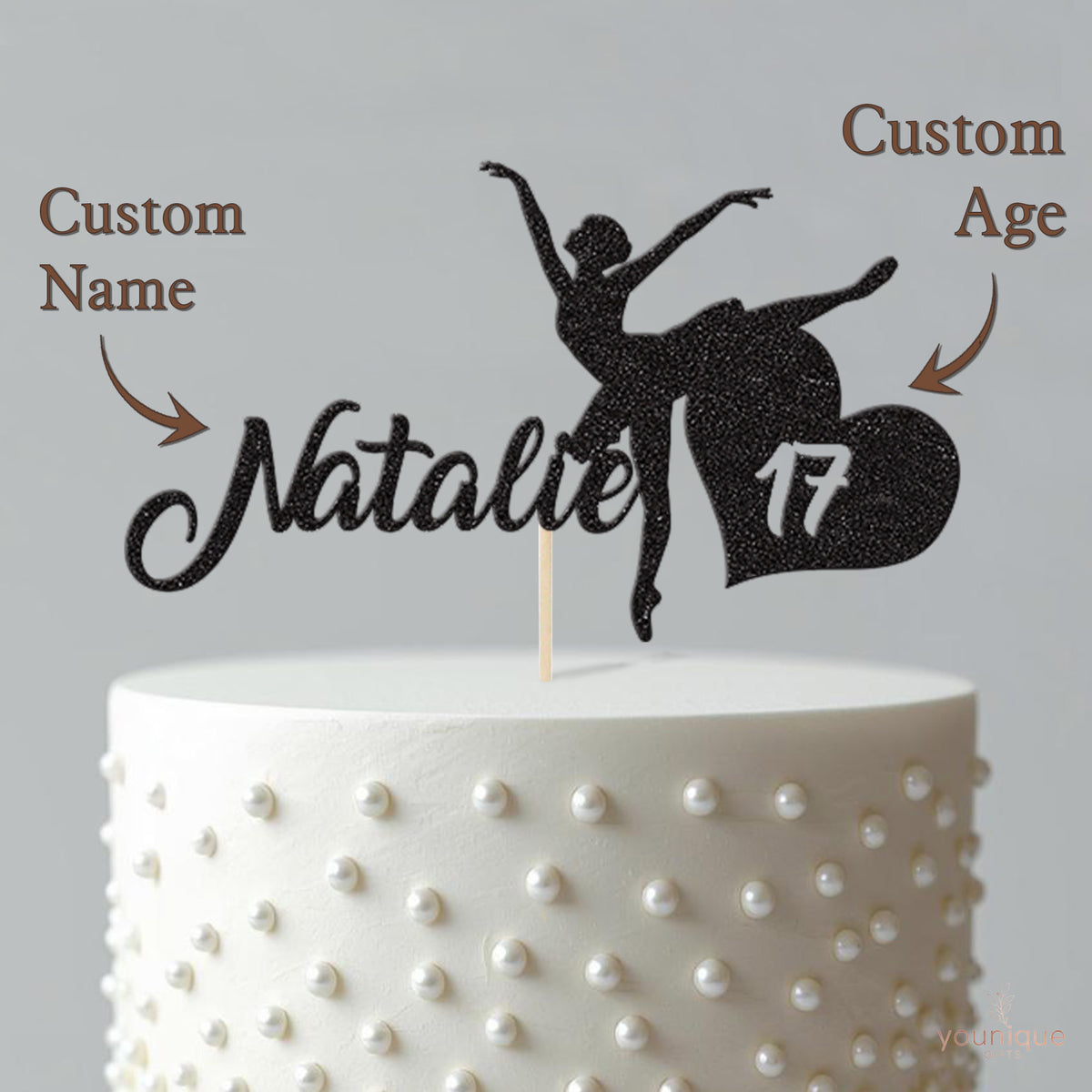 Personalised Ballerina & Age Heart Cake Topper – Name & Age - view 4