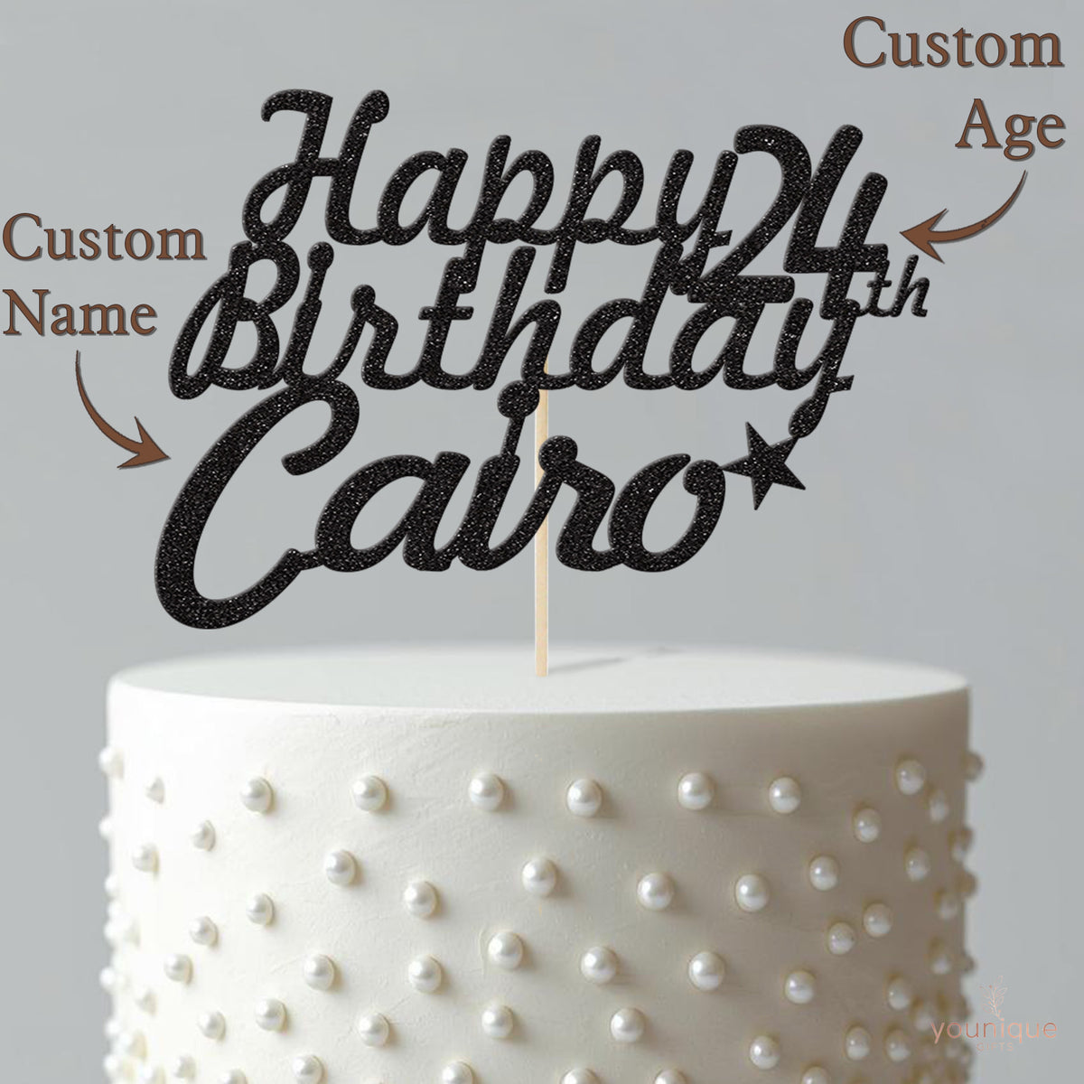 Personalised Flowing Birthday Script & Single Star Cake Topper – Name & Age - view 4