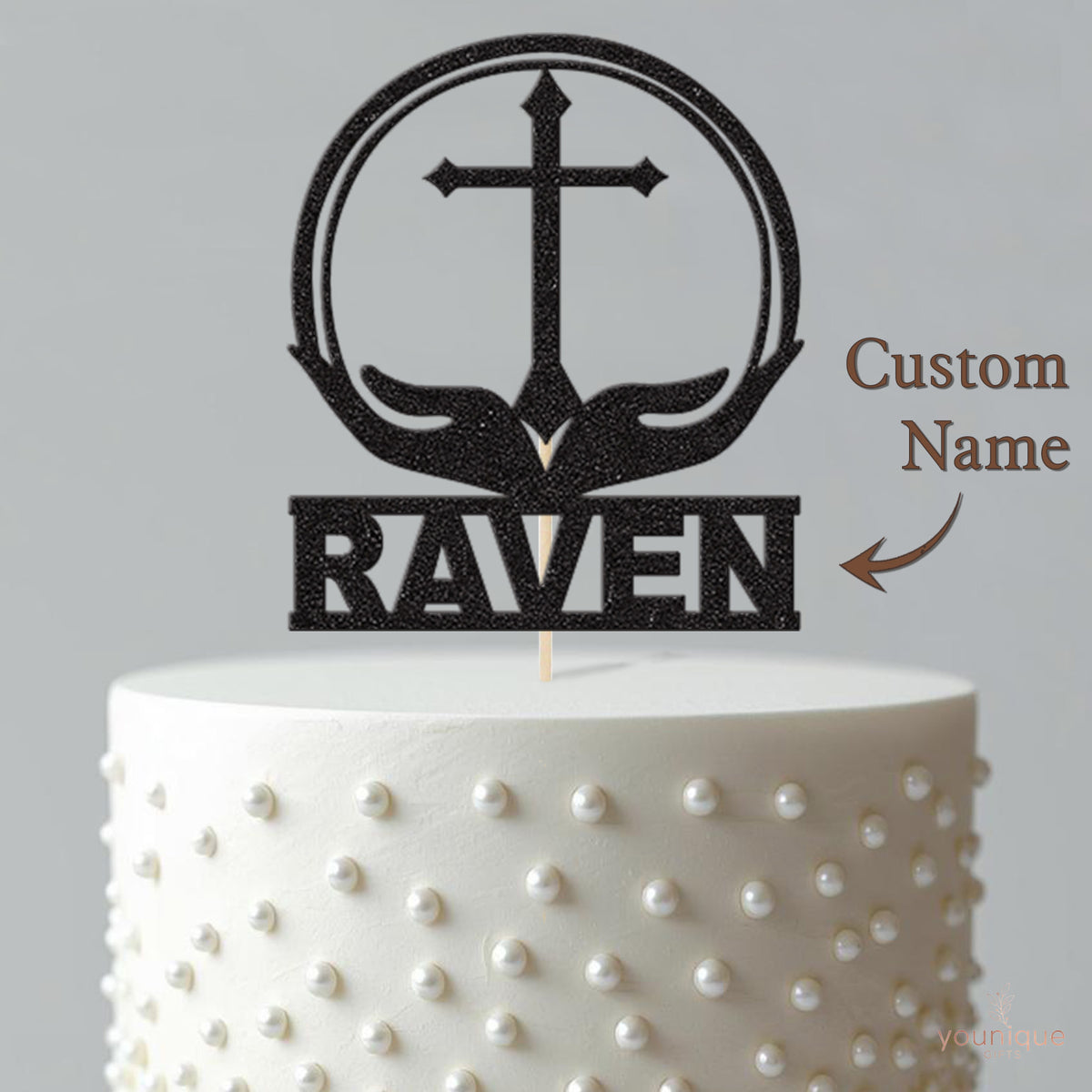 Personalised Cross & Cupped Hands Circle Cake Topper – Name - view 4