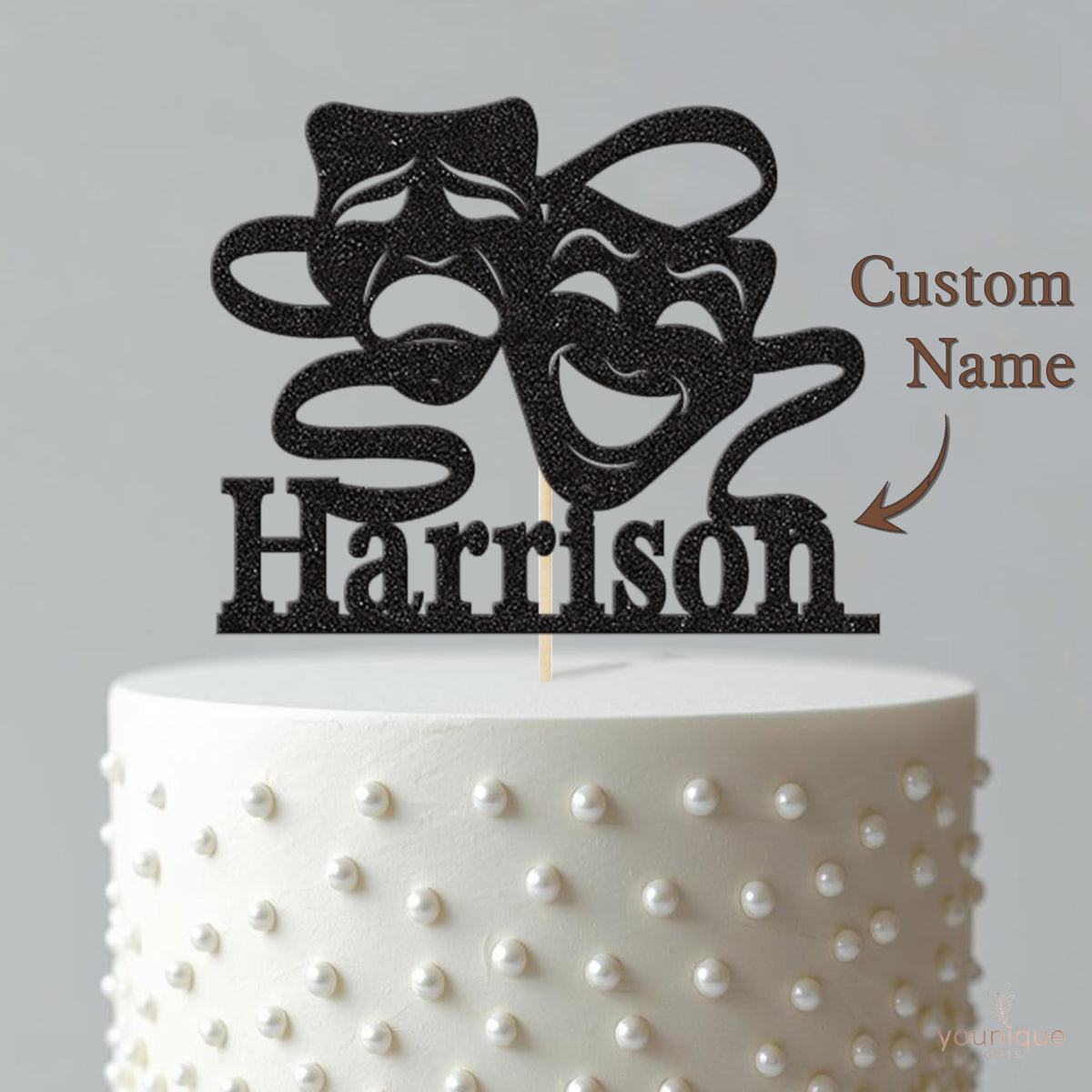 Personalised Theatre Masks & Ribbons Cake Topper – Name - view 4