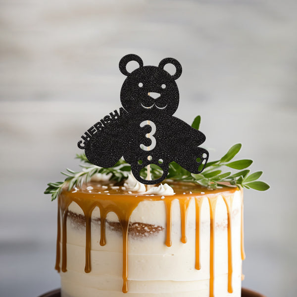 Personalised Teddy Bear Cake Topper – Name & Age in Black Glitter