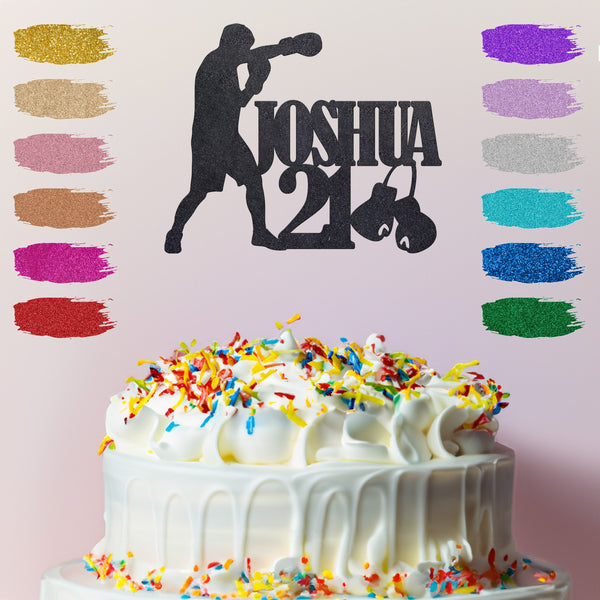 Personalised Boxing Cake Topper – Name & Age in Black Glitter
