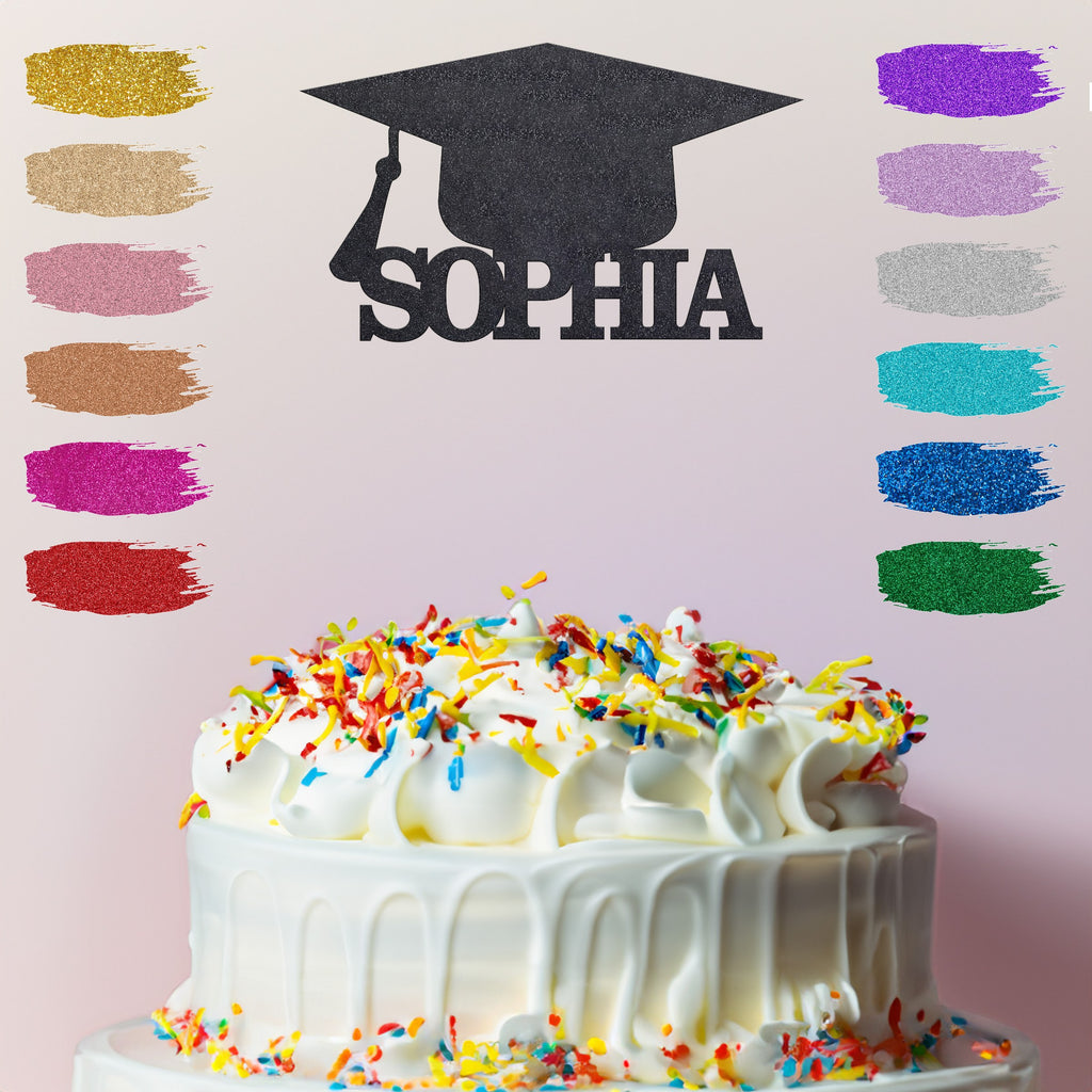 Personalised Graduation Cake Topper – Name in Black Glitter