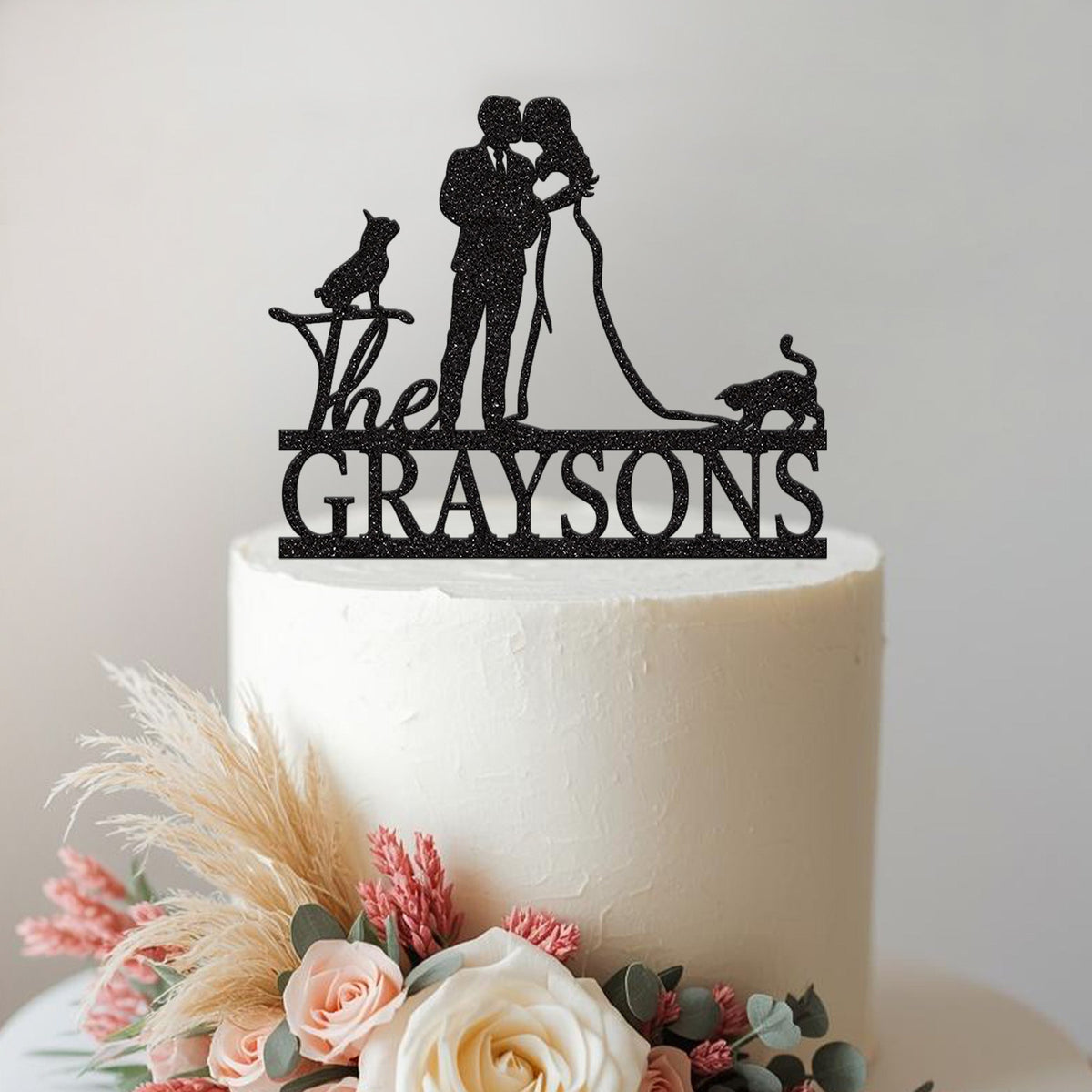 Personalised Cat Wedding Cake Topper – Surname in Black Glitter