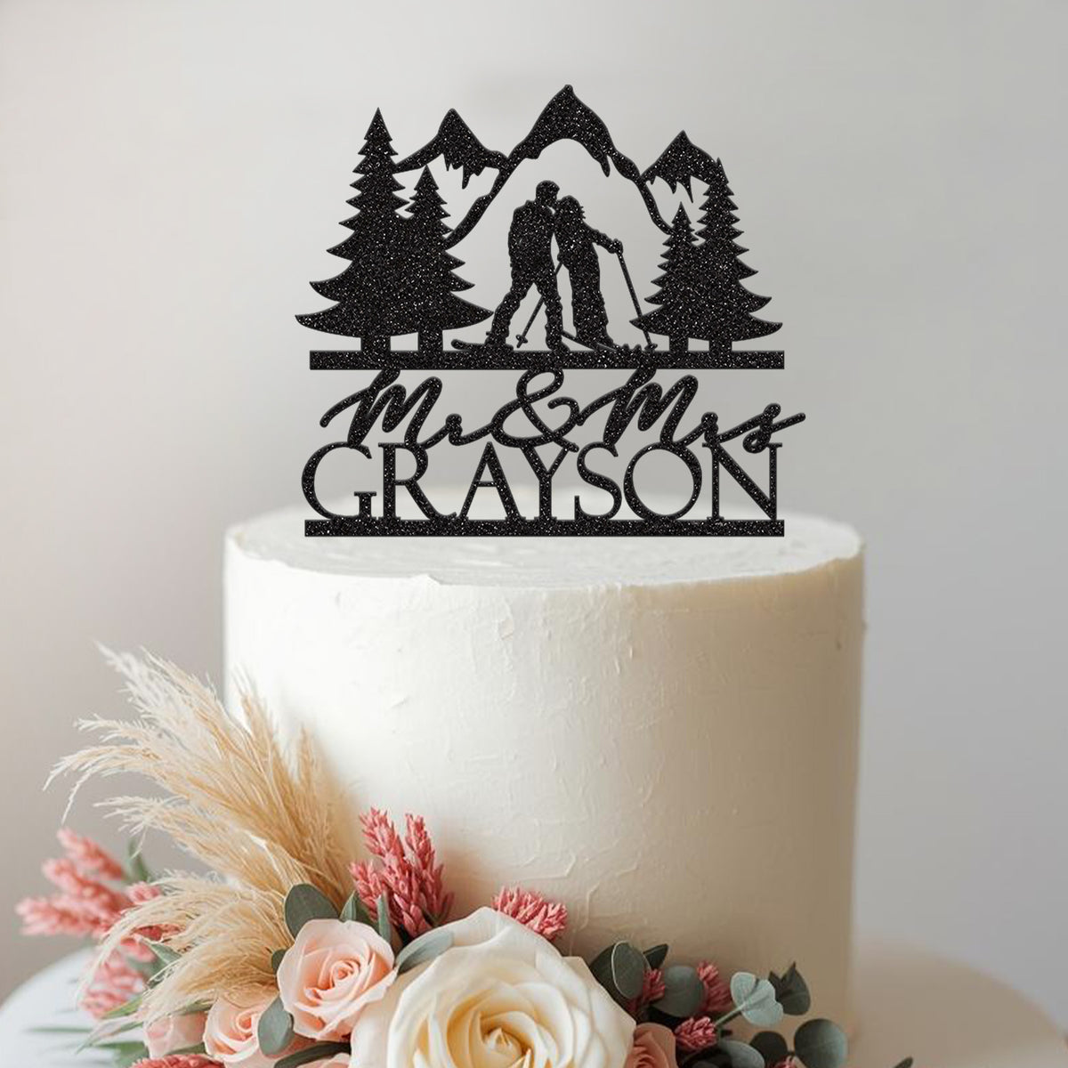 Personalised Skiing Couple Mountain Wedding Cake Topper – Surname in Black Glitter