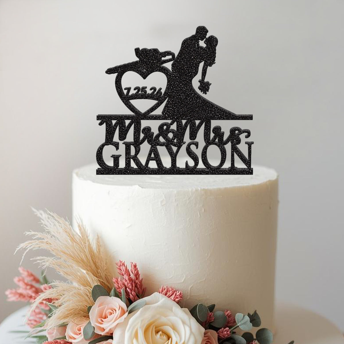 Personalised Chainsaw Heart Wedding Cake Topper – Surname & Date in Black Glitter