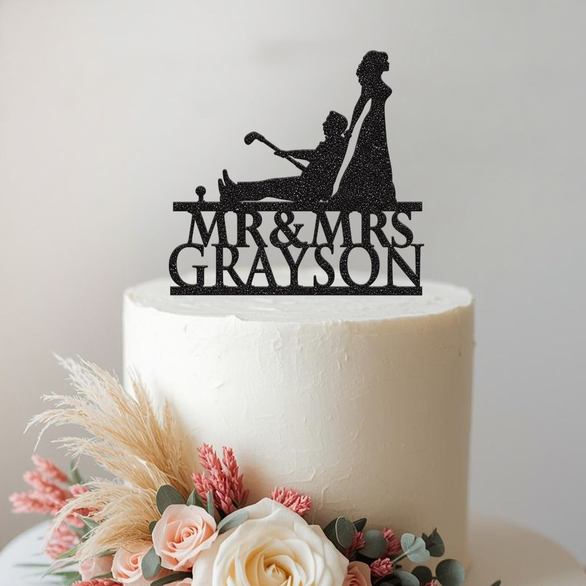 Personalised Golf-Loving Groom & Bride Cake Topper – Surname in Black Glitter