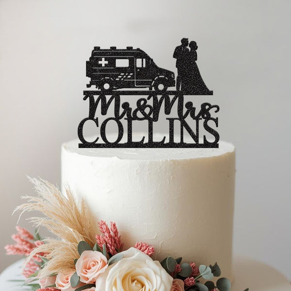 Personalised Ambulance Wedding Couple Cake Topper – Surname in Black Glitter