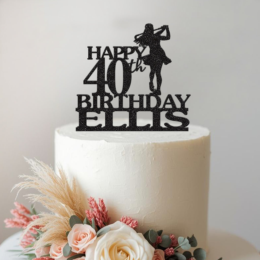 Personalised Female Golfer Birthday Cake Topper – Name & Age in Black Glitter
