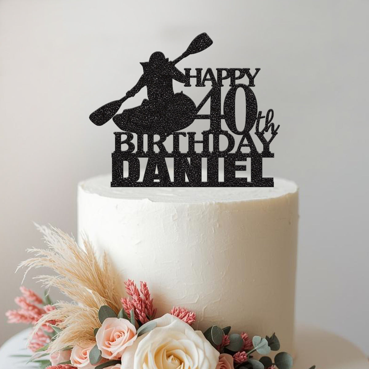 Personalised Kayak Paddler Birthday Cake Topper – Name & Age in Black Glitter
