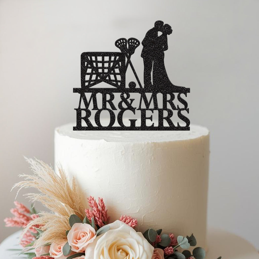Personalised Lacrosse Goal Wedding Cake Topper – Surname in Black Glitter