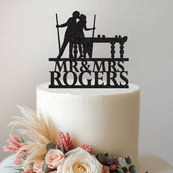 Personalised Billiards Wedding Couple Cake Topper – Surname in Black Glitter