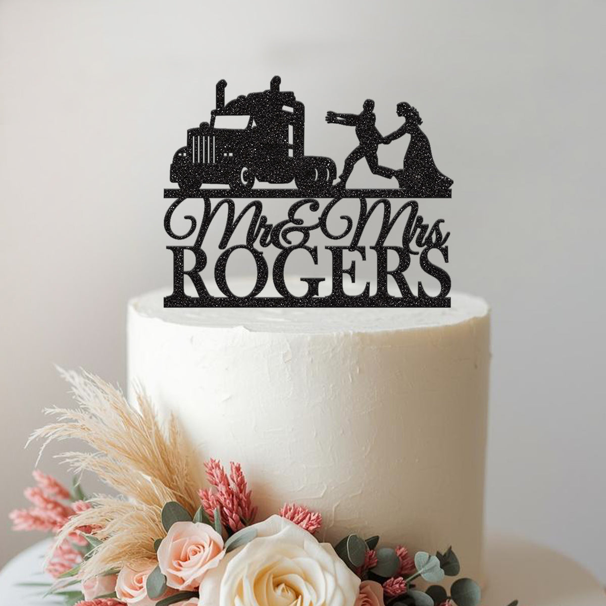 Personalised HGV Lorry Wedding Couple Cake Topper – Surname in Black Glitter