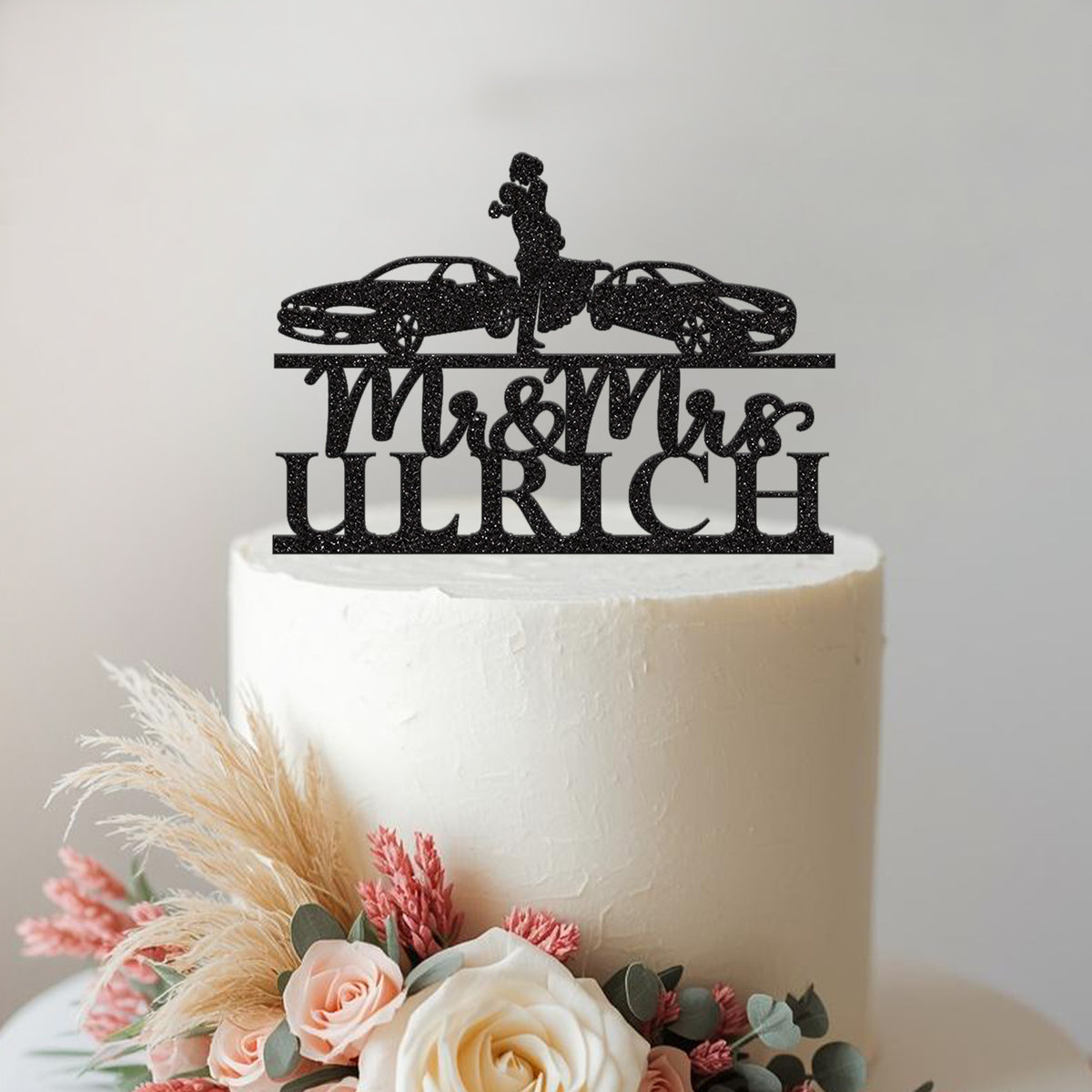Personalised Twin Sports Cars Wedding Couple Cake Topper – Surname in Black Glitter