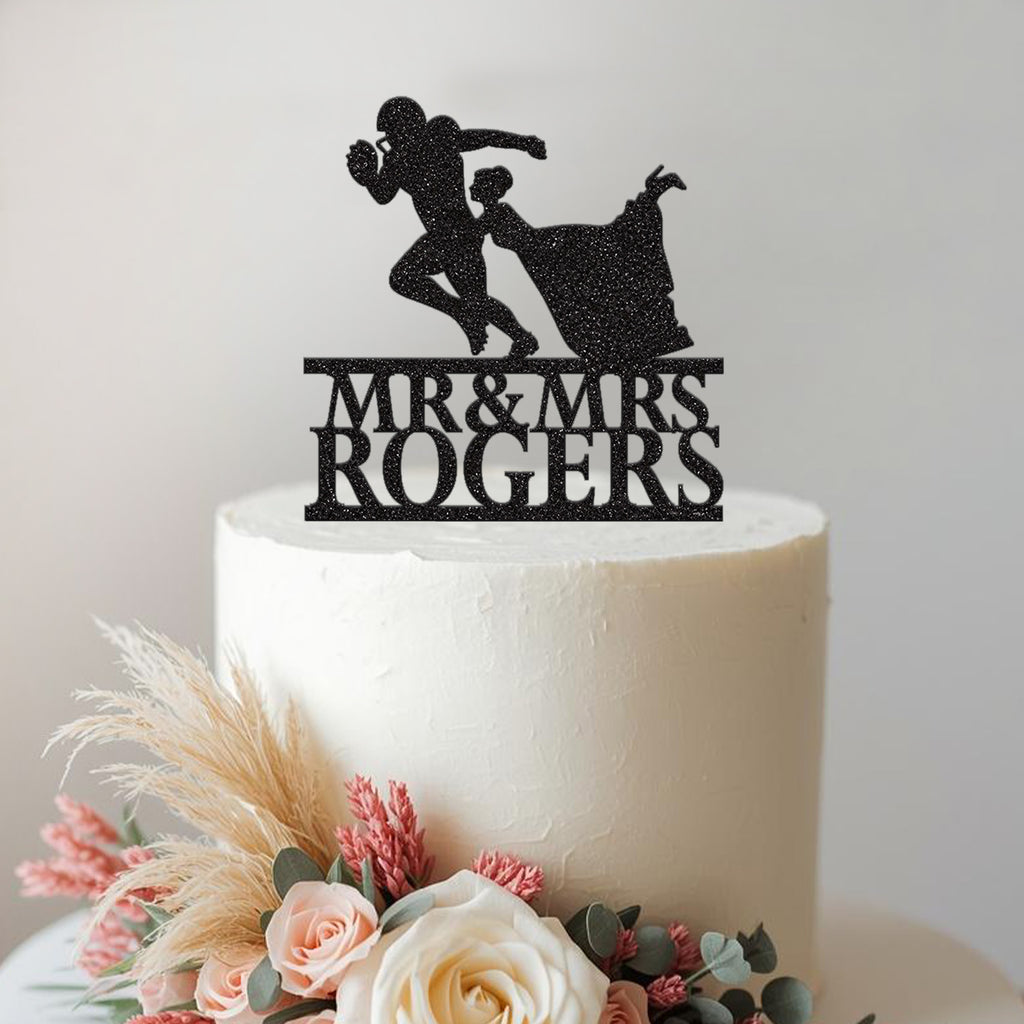 Personalised Running American Football Couple Wedding Cake Topper – Surname in Black Glitter