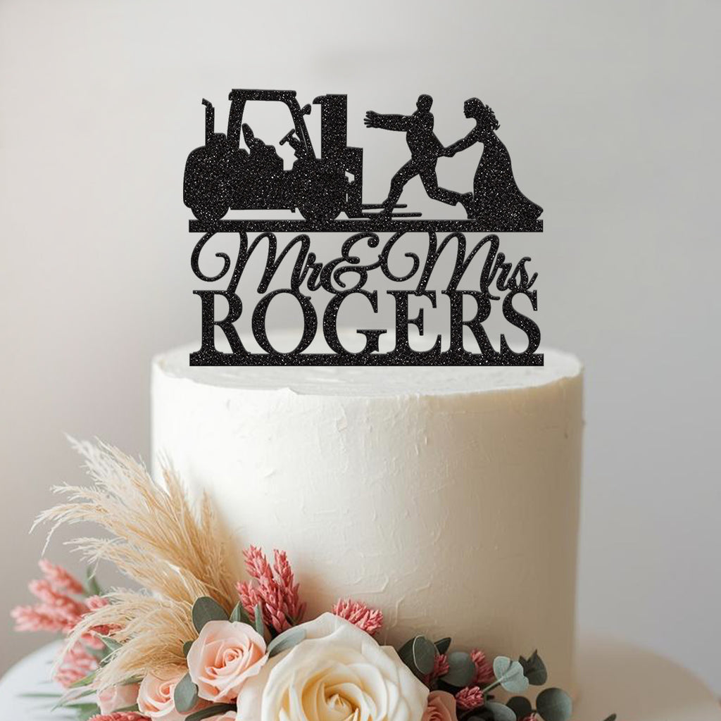 Personalised Forklift Wedding Couple Cake Topper – Surname in Black Glitter