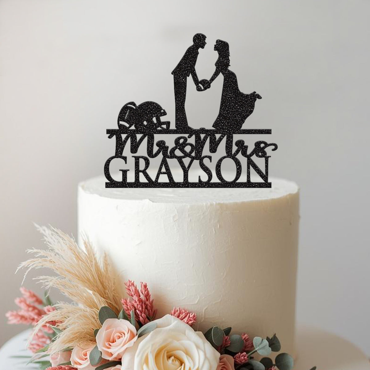 Personalised American Football Couple Wedding Cake Topper – Surname in Black Glitter